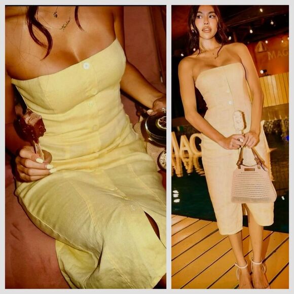 NWT Reformation Midi Dress Linen Butter Yellow Strapless Prescott size 12 - Picture 1 of 9